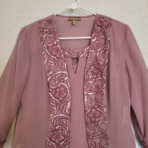 NWT Maya Brooke Tea Rose Sequined Lightweight 2 Piece Tank Dress & Jacket Sz 10 - Picture 4 of 15